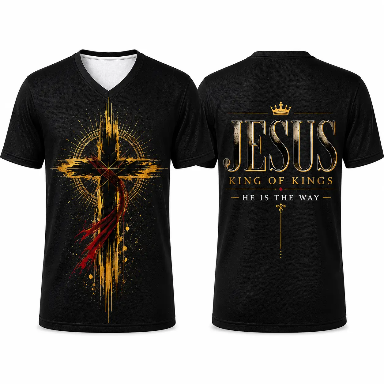 Unisex Jesus King of Kings V-Neck Sports Tee - Black Cross Graphic Christian Faith Short Sleeve Shirt with Gold and Red Accents, Ideal for Bible Study, Church Gatherings, Faith-Inspired Look, Sporty Chic, Gym Fashion
