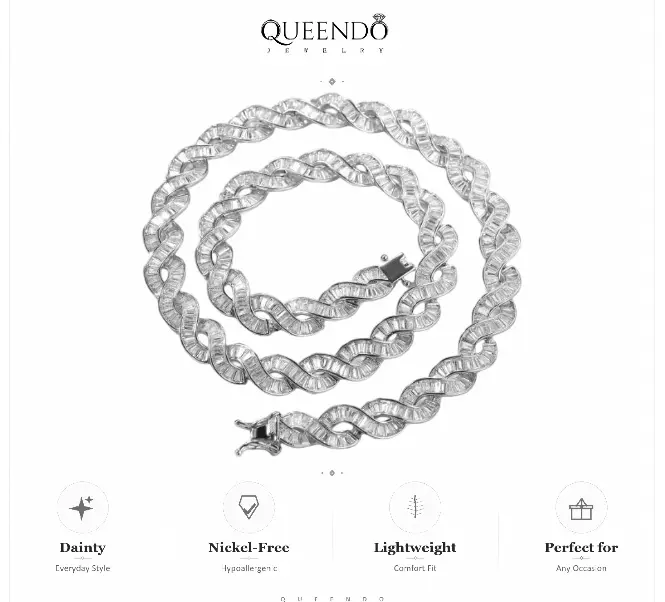 QUEENDO Iced Out Wavy Link Chain Necklace, Baguette Stone Fully Encrusted Twist Wave Design, Silver-Tone & Gold-Tone Options, Bold Hip-Hop Statement Accessory, Adjustable Link Bracelet, Daily/Party Jewelry Gift
