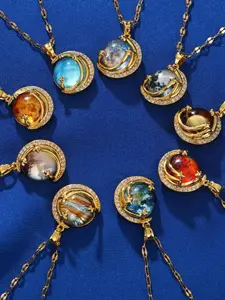 Elegant Starry Sky Oxidized Zircon Planet Pendant Necklace, Casual Chain Print, Perfect Gift for Women, All Seasons Wearable