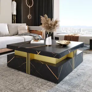 Coffee Table, Modern Square Coffee Table with 4 Drawers, Contemporary Luxury Center Table Cocktail Table with Gold Accents for Living Room, 43.3" Lx 43.3" W (Black)