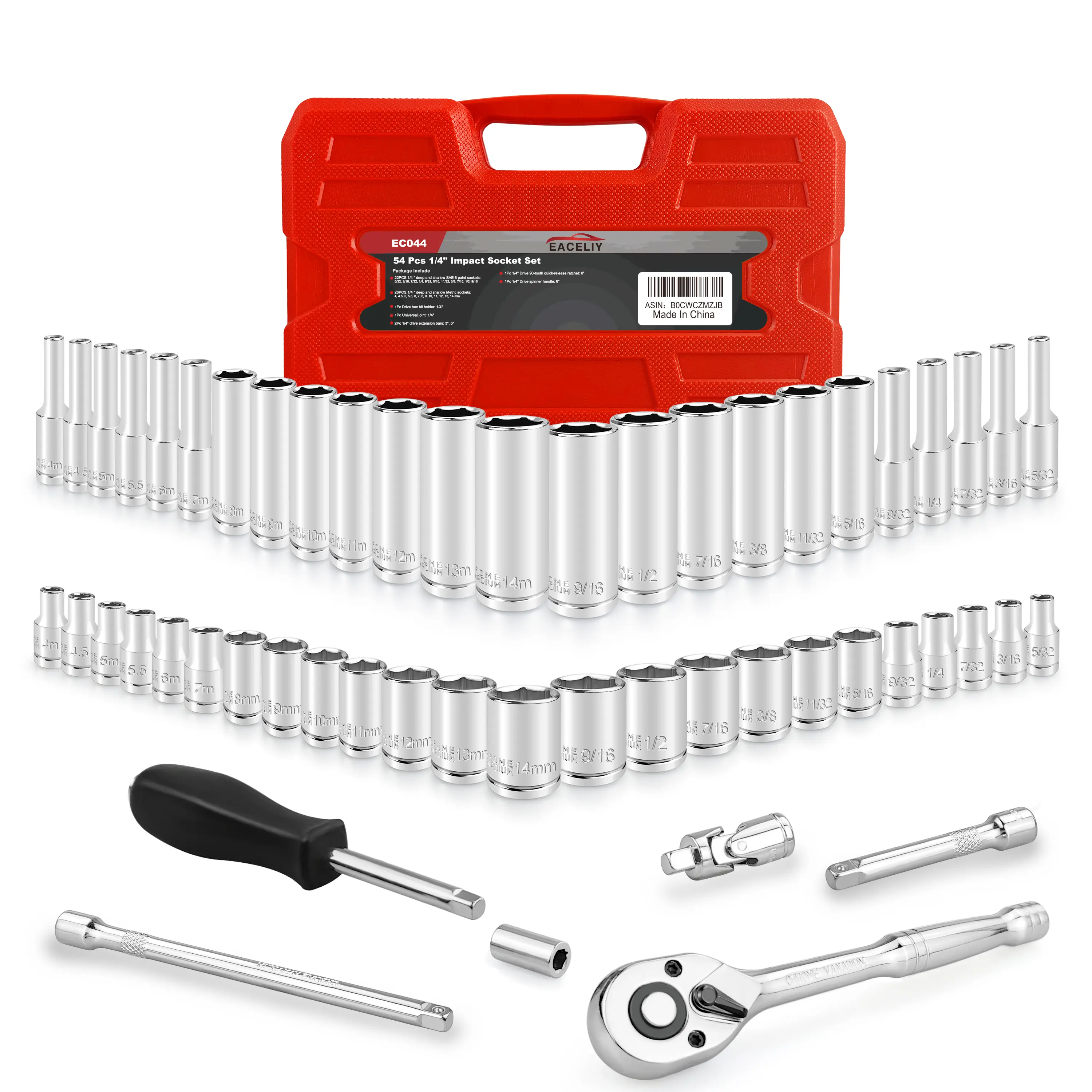 54pcs 1/4" Drive Impact Tool Kit Set, 6-Point Cr-V Steel with SAE/Metric (4-14mm, 5/32-9/16in) Deep/Shallow Sockets, 90-Tooth Ratchet, Torque Wrench, Universal Joint, Extension Bars, Hex Bit Holder, Spinner Handle, Chrome Plated Hardware Tool Box, Impact