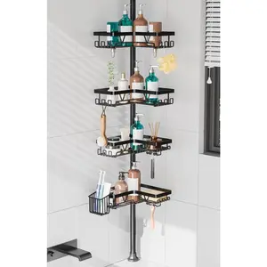 Shower Corner Tension Pole with Toothbrush Holder - Corner Shower Organizer with Tooth Brush Holder, No Drilling Rustproof Shelf Rack, Fits 25-114.2 Inch