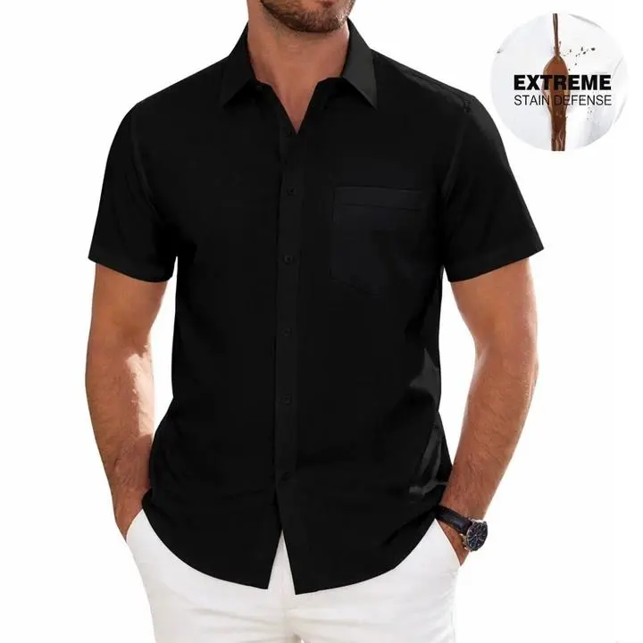 Alimen Stain Resistant Short Sleeve Mens Dress Shirts with Pocket, All Business Casual Occasions Waterproof Button Down Shirts for Men, Classic Style & Regular Fit Work Formal Water Resistant Shirts with Pocket for Summer (LIMITED TIME FLASH SALE NOW)