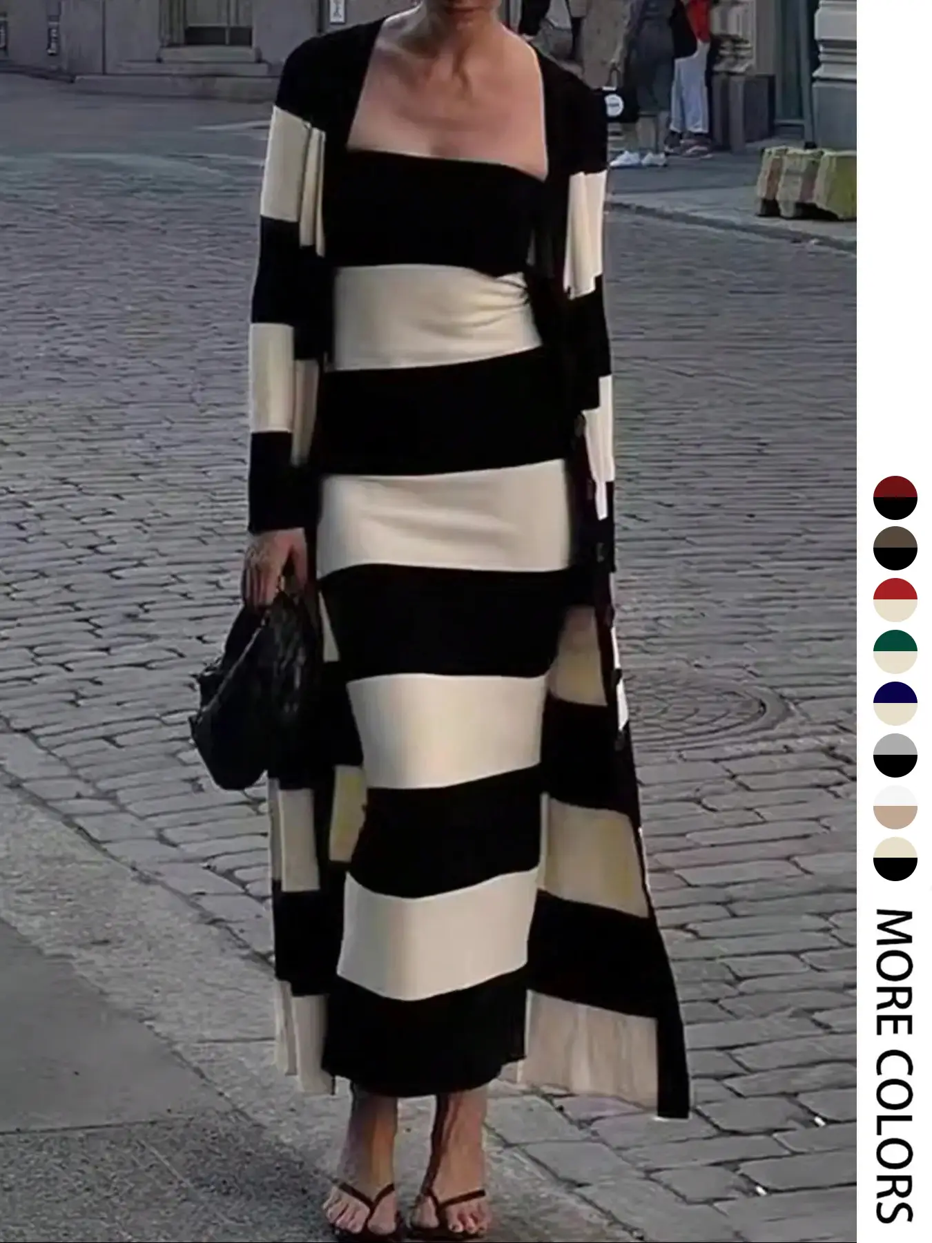 Women's Striped Print Button Front Longline Cardigan & Tube Dress Two-piece Set, Casual Long Sleeve Outerwear & Strapless Long Dress for Daily Wear, L