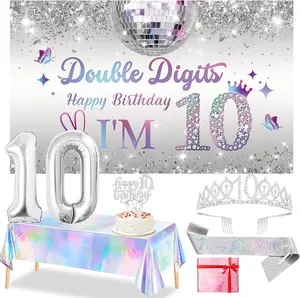 10th Birthday Decorations for Girls Silver Double Digits Banner Tablecloth Sash Tiara Cake Topper Number Balloons Set for Festive Celebrations