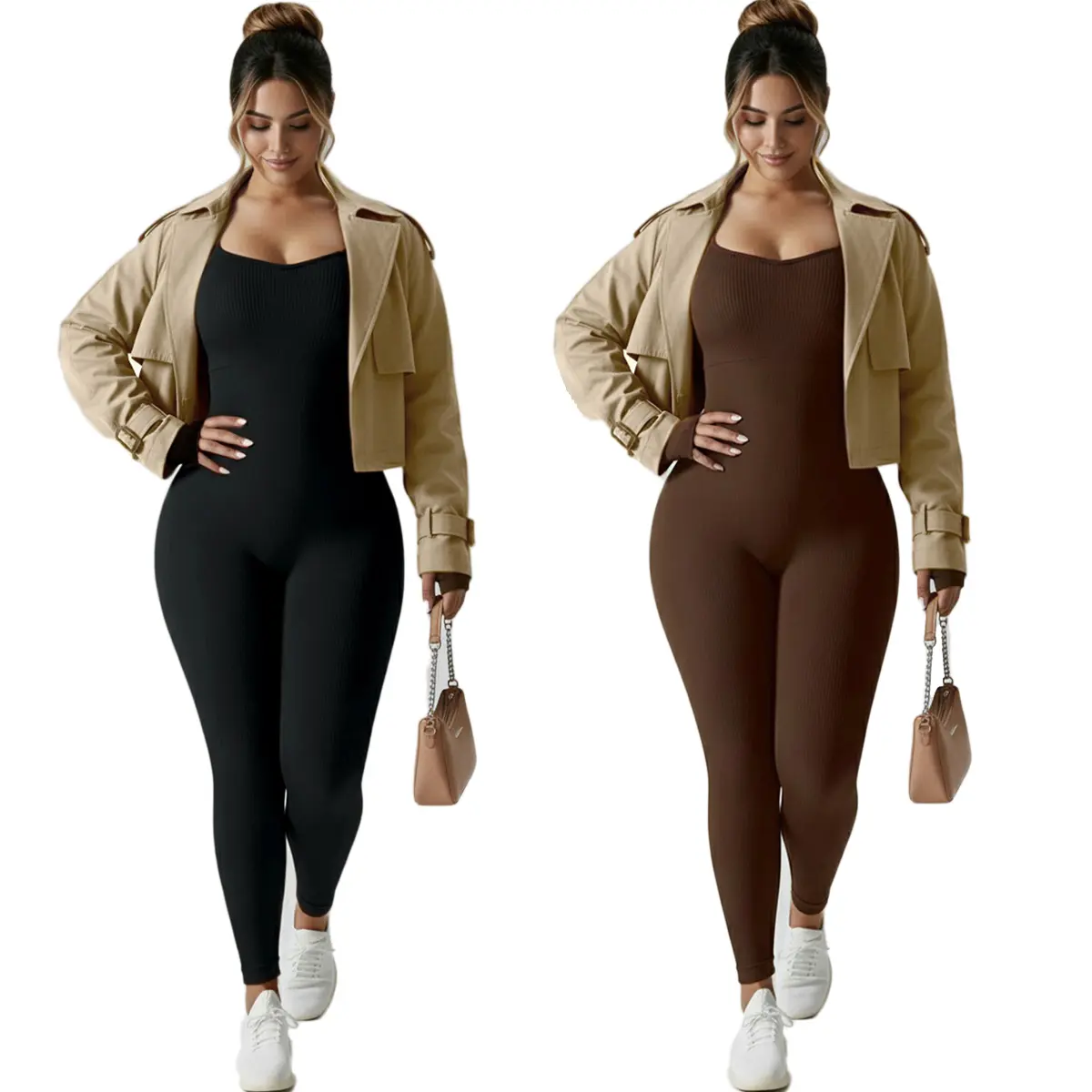 Kabuer Women's High-Waisted Ribbed Long-Sleeve Crew Neck Solid Cotton Skinny Fit Sports Jumpsuit, Athletic Black, Machine Washable, Jumpsuits For Women, Full Body Jumpsuit