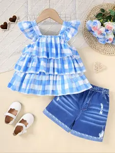 Girls Summer Set Blue Plaid Cap Sleeve Top with Denim Look Shorts, Perfect for Playdates and Summer Fun, Children