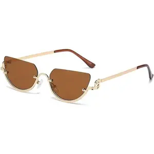 Retro Half-Frame Cat Eye Sunglasses for Women, 2025 Trendy Narrow Gold Semi-Rimless Y2K Feline Eye Eyeglass