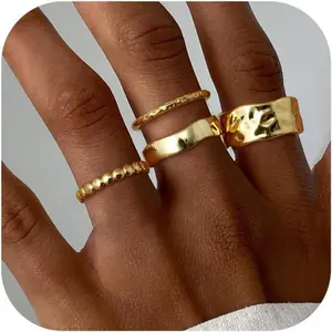 Fansilver 4pcs Stackable Rings Chunky Gold Plated Rings for Women Non Tarnish Dainty 14K Gold Plated Stacking Thumb Rings Set Trendy Gold Wedding Band Ring Size 5-11 Summervibes