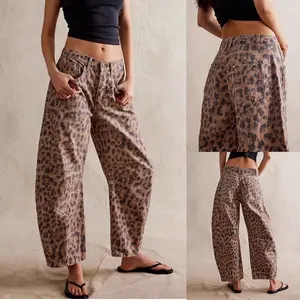Woman's Vintage Low Waist Wide Leg Leopard Print Denim Jeans, Breathable Skin-friendly, Size Inclusive, Hip Hiding, Leg Lengthening, Body Shaping, Multi-pocket, Y2K Street Style, Versatile, Casual Outing, Date Party, Trendy Chic Pants