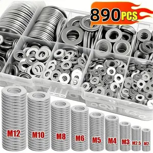 304 Stainless Steel Hardware Assortment Kit, 890-Piece Set with Hex Cap Screws, Fender, Lock & Flat Varieties, M2-M12 Hex Nuts