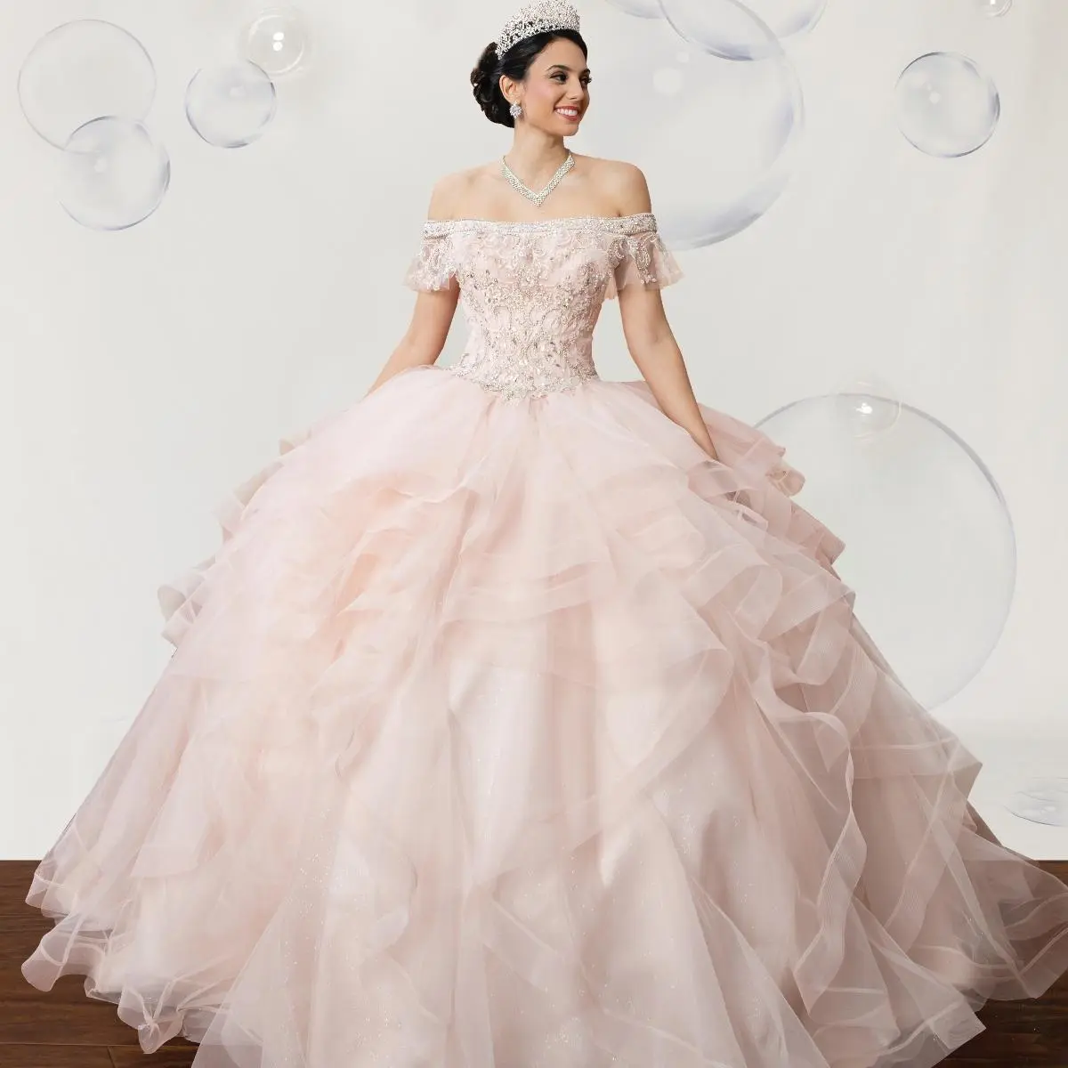 Pastel Princess Quinceanera Dress, Off-the-Shoulder Sparkle Ball Gown with Floral Embroidery and Fluffy Tulle, Light Tulle, Blush, Waist-Cinch, Chic, Lady, Women, Fluffy Ball