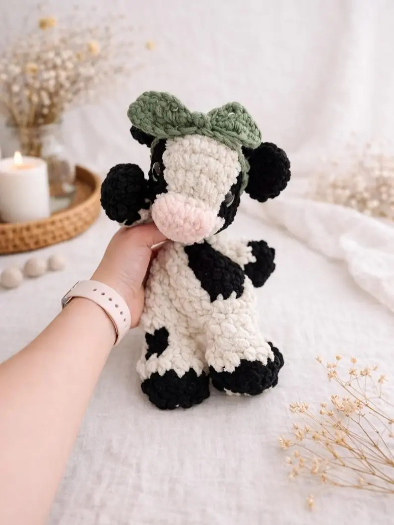 Cute Crochet Cow Plush Toy, Handmade Amigurumi Farm Animal Doll, Soft Kawaii Cottagecore Room Decor Gift