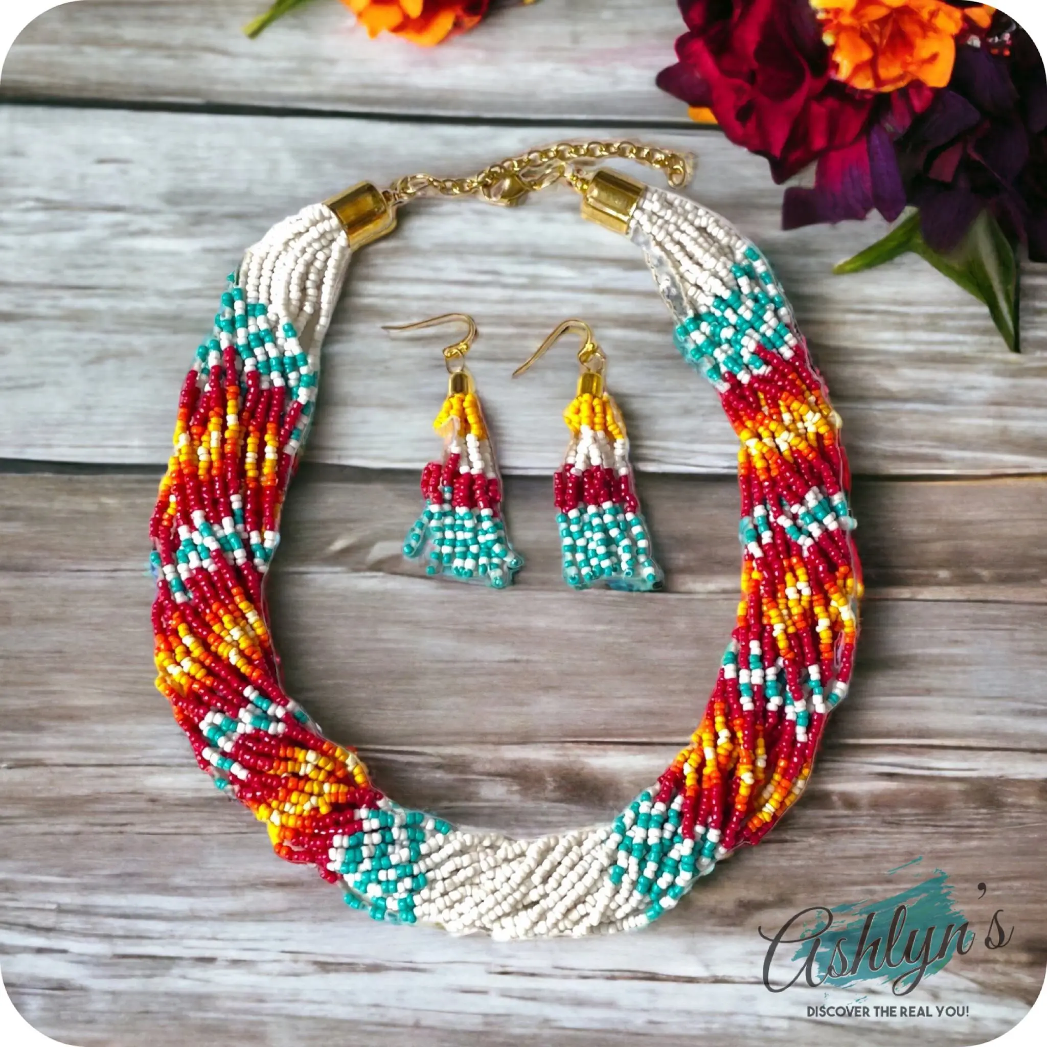 Ashlyn’s Classy Multi Strand Thick Twist Ivory Teal Necklace Set
