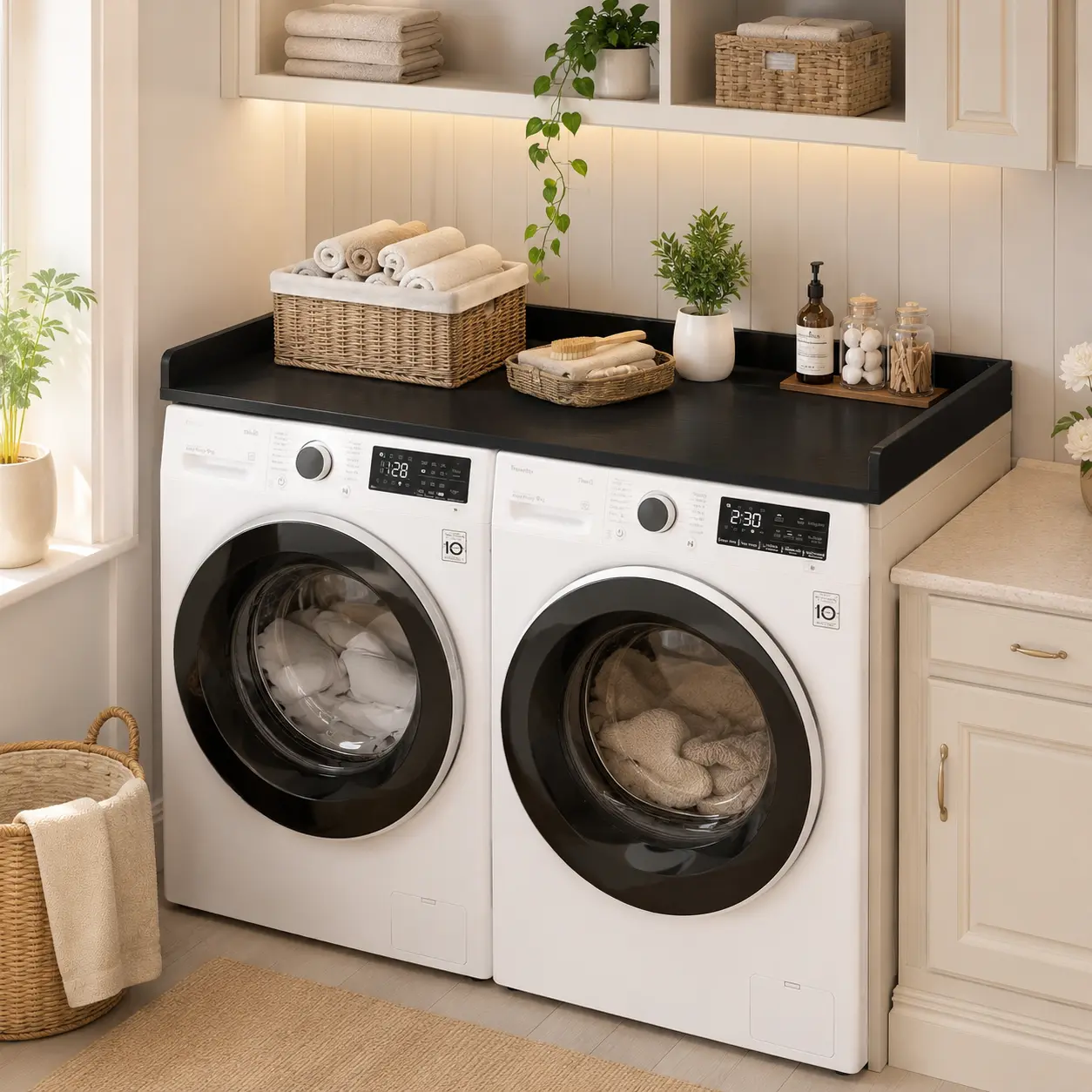 54" x 27.5" Laundry Countertop for Washer and Dryer with Non-Slip Pads,Wood Premium Laundry Organizer Board with Round Corner Edge Rails