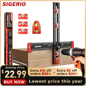 Sigerio 4 in 1 Adjutable 4 in 1 Drilling Positioning Ruler Tool, 14in T Square Ruler, Aluminum Alloy Cabinet Hardware Jig Tool for Woodworking