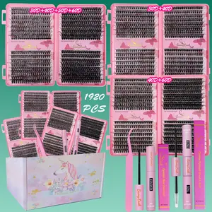 1920PCS 3 Boxes Lash Books Natural Wispy Individual Cluster Lash Set, Fluffy Eyelashes Cluster, Eyelash Clusters, 3D Wispy Cluster False Eyelashes with Bond Seal Remover Applicator, Eyelash Extension Glue, Diy Eyelash Extensions, DIY Lash Extension Kit