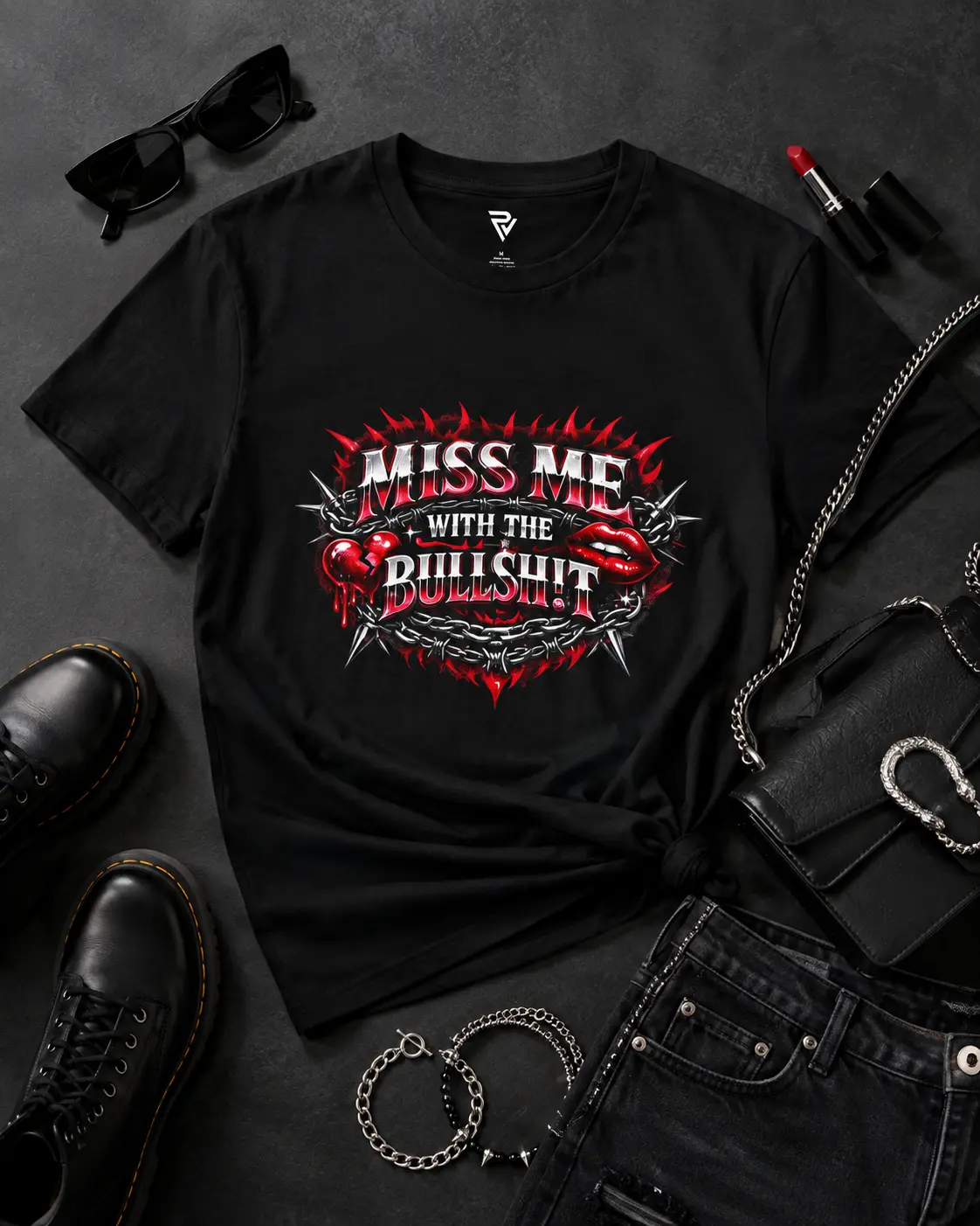 Psyche Visuals Women's Miss Me With The Bull Graphic T-Shirt - Barbed Wire Lips Broken Heart Baddie Tee Everyday Fit