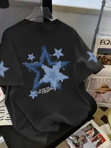 Women's Denim Star Print Loose Fit Round Neck Short Sleeve T-Shirt, Cute American Tee, Summer Fashion Comfortable Top, Soft Breathable Fabric, Casual Wear, Breathable T Shirts, Casual Everyday Top, Streetwear