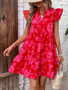 Floral Print Notched Neck Ruffle Trim Smock Dress with Flounce Cap Sleeves Boho Style for Summer