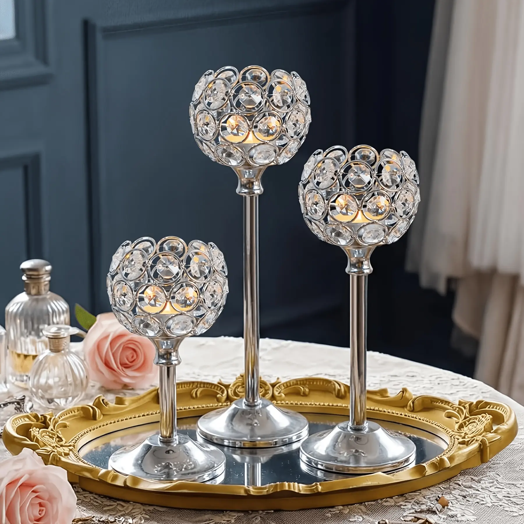 Luxury Metal 3-Piece Chrome Iron Silver Crystal Ball Votive Candleholder Set, Tall Elegant Tealight Stands, Table Decor Centerpieces for Wedding, Holiday Display & Home Decor (Candles Not Included), Votives