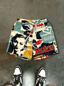 Retro pop art graffiti print men's casual streetwear shorts, drawstring loose shorts, Y2K, street, hip-hop, breathable, lightweight everyday wear, gym, beach, and street style, fashionable item 🔥