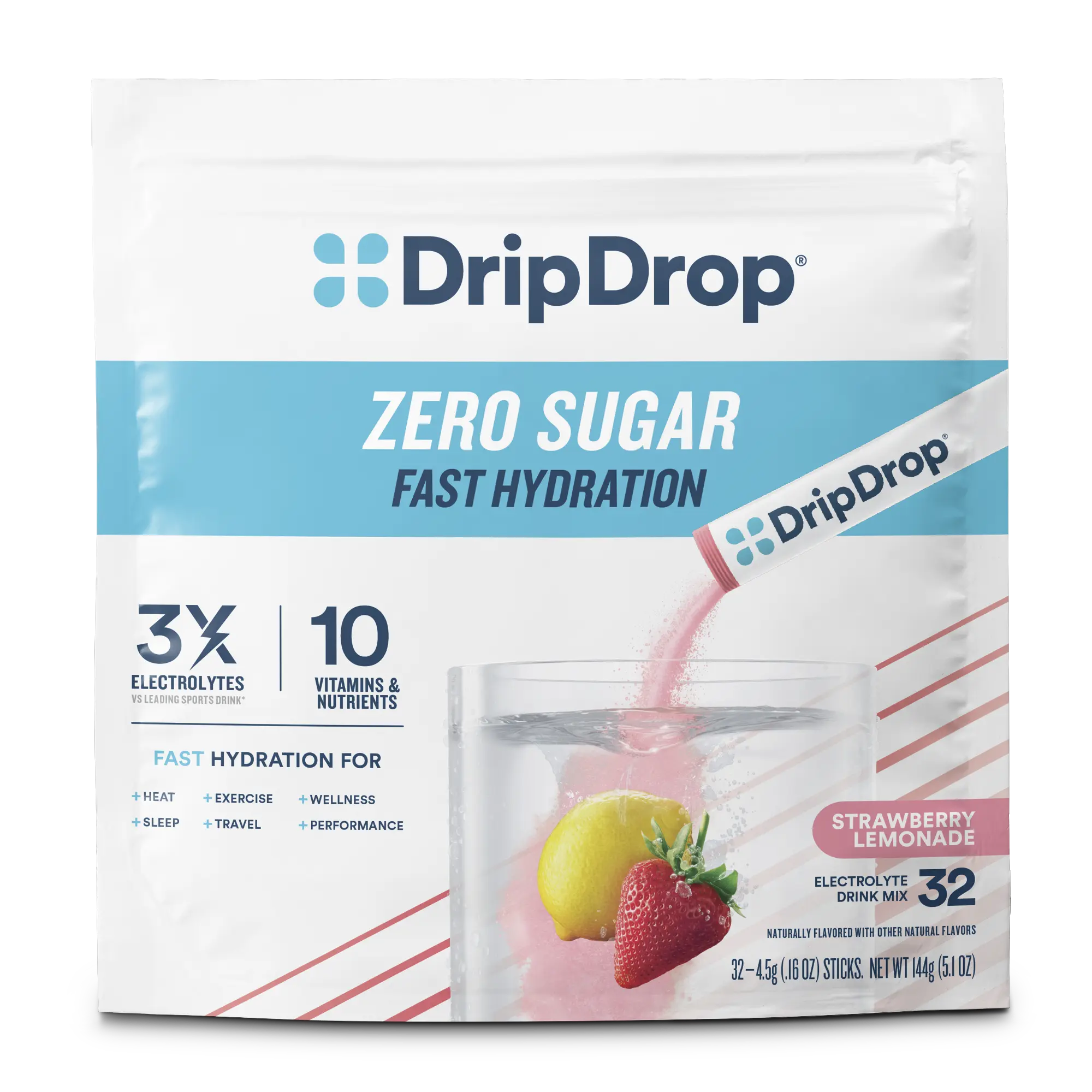 DripDrop Zero Sugar Strawberry Lemonade Electrolyte Powder, 8 oz sticks, 32 count