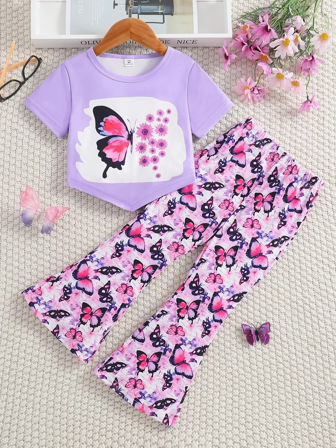 Girl's Butterfly & Floral Print Tee & Flare Leg Pants Two-piece Set, Casual Fashion Round Neck Short Sleeve T-shirt & Bell Bottom Trousers for Daily W