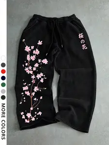 Men's Casual Sporty Long Pants, Sakura Pattern Print, Drawstring Wide Leg, Loose Fit, All Season Fashion, Men's Clothing, Floral Print Sweatpants, Adjustable Drawstring Sweatpants