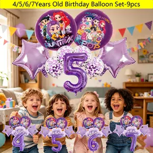 9 Piece Large Size Birthday Party Cartoon Age Number Balloons ,Latest Anime Girls Group Cartoon Style Foil Balloons Set,4/5/6/7Years Old Purple girl's Birthday Balloon Decoration And Celebration Anniversary Balloons,Perfect Birthday Gifts For Music Fans.
