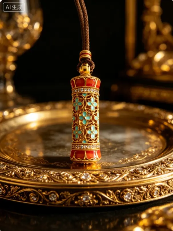 18K Gold Plated Filigree Cylinder Pendant Necklace, Handcrafted Enamel Cloisonne Four-Leaf Clover Locket, Luxury Oriental Vintage Jewelry with Adjustable Woven Rope for Women Banquet Daily Wear