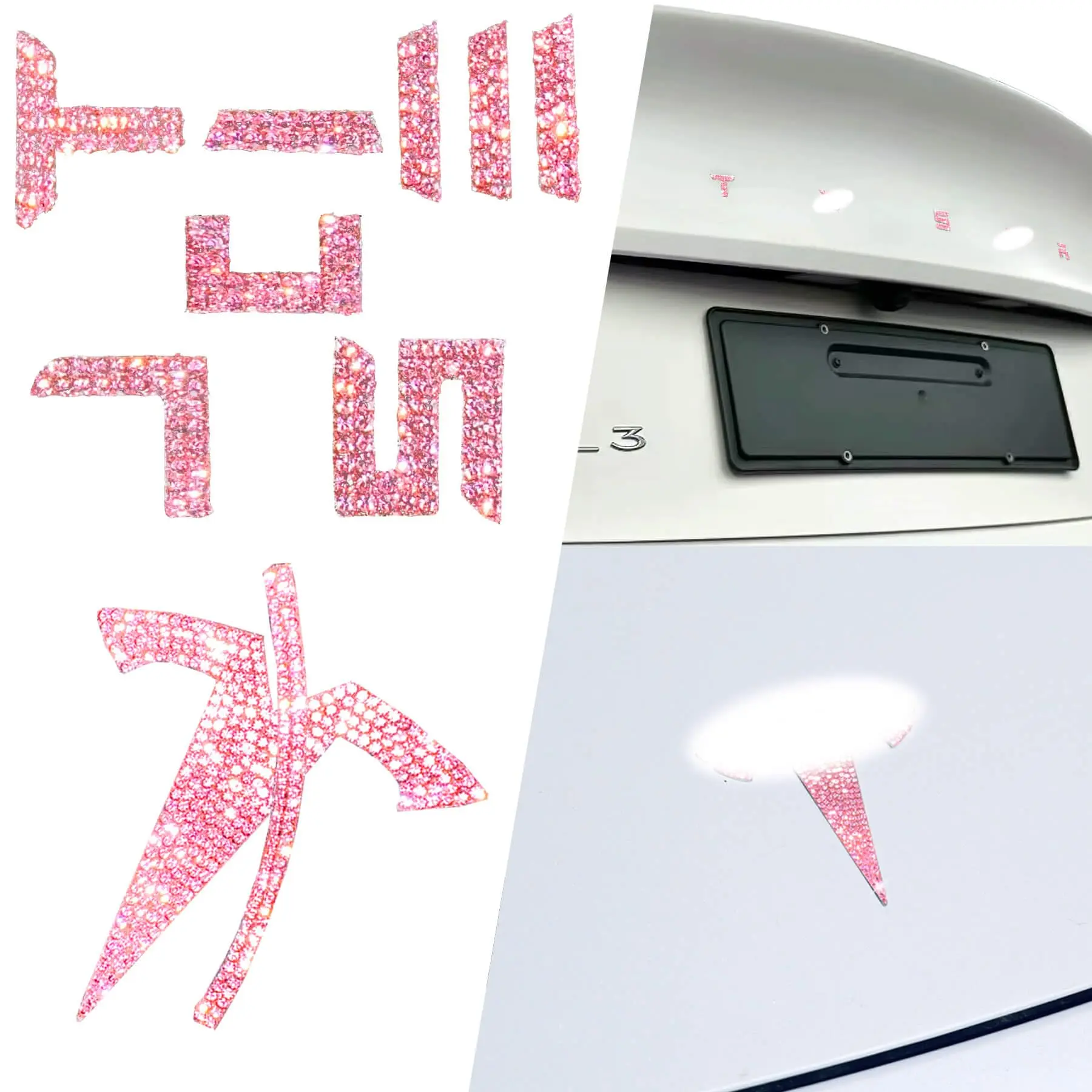 Bling Rhinestone Logo Emblems For Model 3 Highland 2024  7 Emblem Stickers Frunk And Trunk Bedazzled Accessories Tesla. (pink)