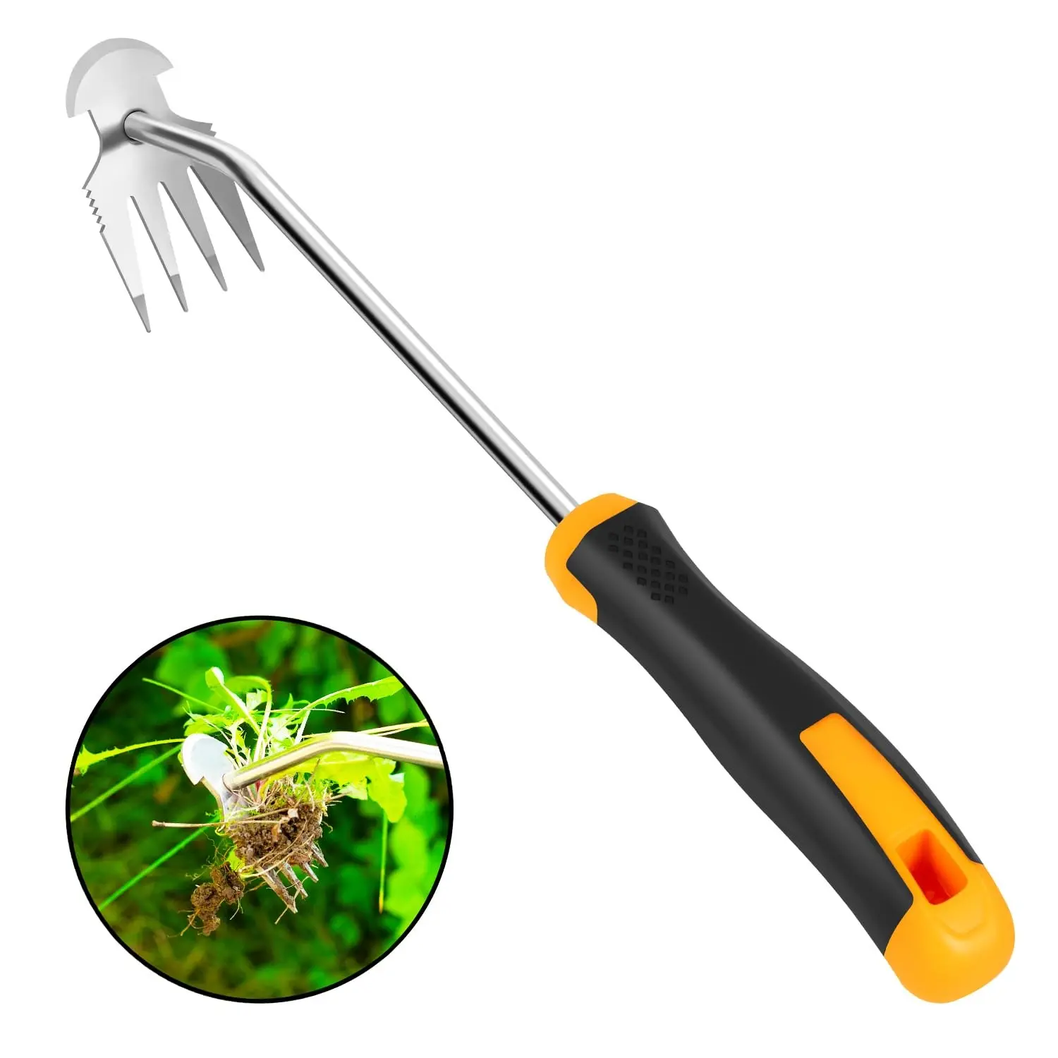 Dotet Stainless Steel Handheld Uprooting Weeder Tool - 12.6-in Length, 4-Teeth, Dual-Function Design, Rubber Grip Handle, Effortless Weed Removal, Root Extraction, Easy Maintenance & Storage, Silver Garden Tool for Seniors/Arthritis