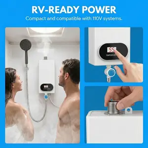 3500W Electric Tankless Water Heater Shower Head Set with LCD Display Instant Hot Water Easy Install for Bathrooms Kitchens and RVs White Stainless Steel Household Appliances