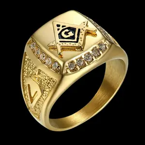 STAINLESS STEEL MEN'S HIP HOP STYLE GOLD TONE MASONIC FREEMASON CZ RING SIZE 8~12