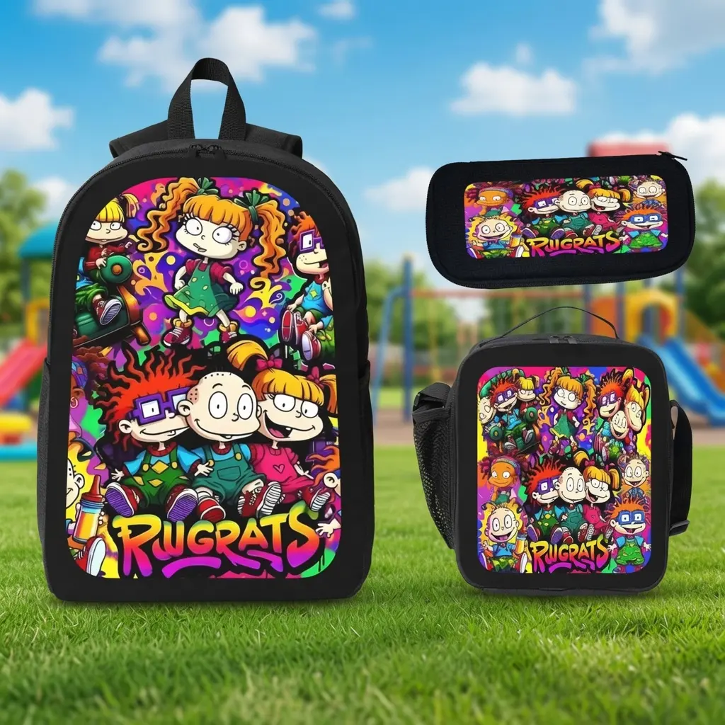 Unisex Kids' 3-Piece Backpack Set, 17 Inch Retro Rugrats Neon Print Polyester School Bag with Insulated Lunch Box & Pencil Case, Back To School Haul, Dual Zips, Cartoon Print