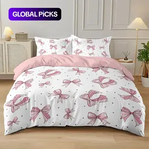 3-piece bedding set, Quilt cover set (1 duvet cover + 2 pillowcases, no insert) - Sweet pink duvet cover set with bow print, Soft and comfortable, suitable for room decor and all seasons, great gift
