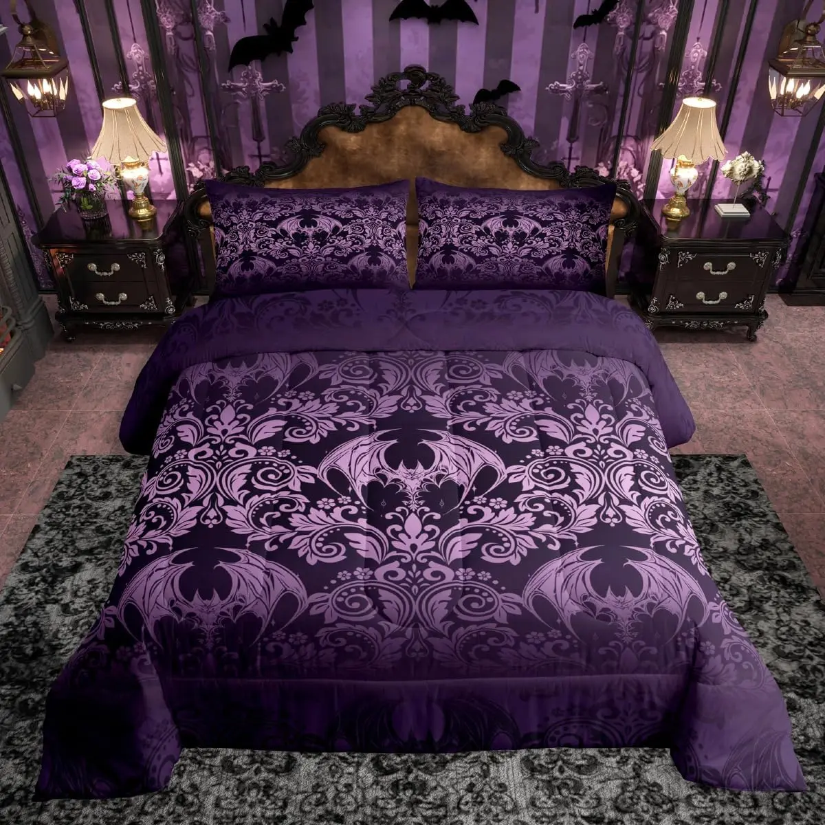 Gothic Damask Print Comforter Set Purple Goth Bat Victorian Floral Bedding Set for Boho Bohemian Exotic Duvet Quilt Bedroom Decor Microfiber