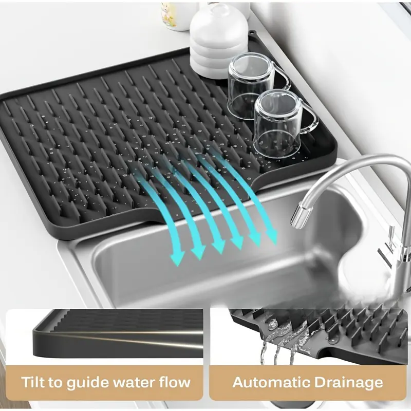 Non-Slip Silicone Kitchen Sink Drainage Board with Drain System, Heat-Resistant Drying Mat for Countertops, Fridge & Dish Drying, Water Splash Proof, Easy-Clean for all Sink Types - Ideal Holiday Water Splash Guard