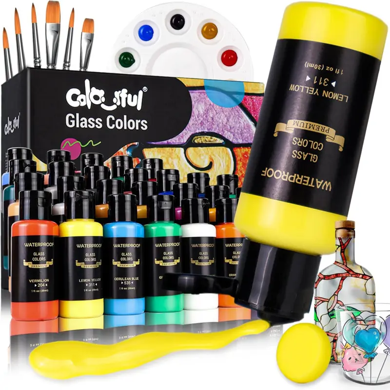 Colorful 14/26 Colors Stain Glass Paint Set with 6 Brushes, 1 Palette & 1 Sponge, Waterproof Permanent Glass Painting Kit Coloring Supplies Art Supplies for Arts on Wine Glasses,Bottle and Windows