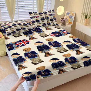 3-Piece Set British Gentleman Bear Pattern Bedding Set, Includes 1 Fitted Sheet and 2 Pillowcases, Home Hotel Room Decor, Bedroom Decoration Gift, Bedding Supplies