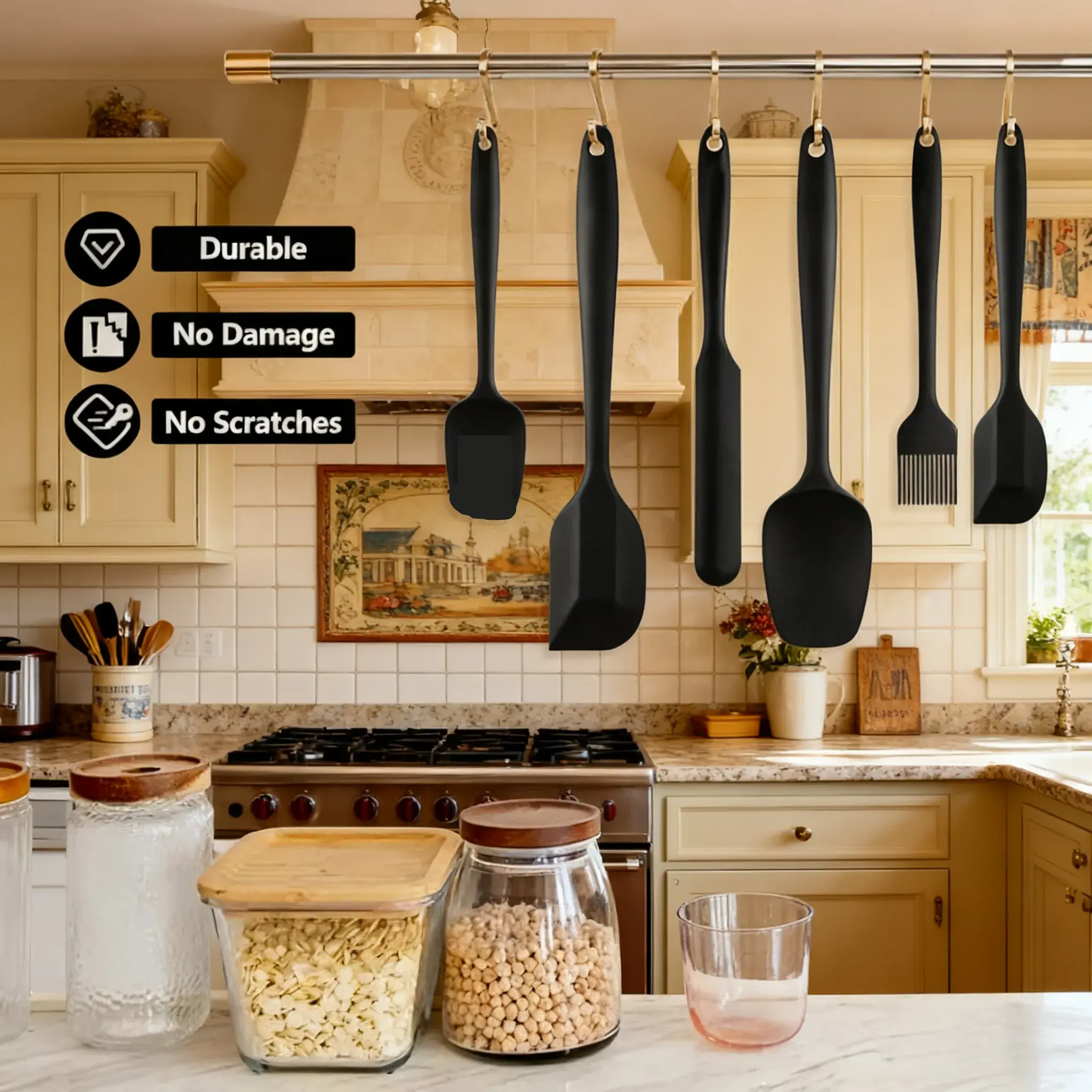 KITCHEN GEM 6pcs Seamless Silicone Spatula Utensils Set (Optional Red or Black Suit) - Food Grade, Heat Resistant, Flexible Rubber for Cooking, Baking - Non Stick, Easy Clean, Dishwasher Safe Premium Bakeware Tools, Pre-Seasoned Cake Steel, Cake Decoratin