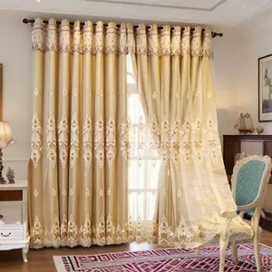 European Style Double Layer Curtains, Fabric and Sheer Combined, Embossed Embroidered Blackout Window Cover Drapes, Modern Luxury, Ready Made for Living Room and Bedroom, Privacy Grommet Curtains