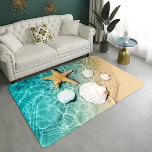 Non-Slip Sponge Foam Flannel Bath Mat - Bright 3D Shell, Beach Starfish & Scallop Prints, Durable Decorative Area Rug for Laundry Rooms, Kitchens absorbent