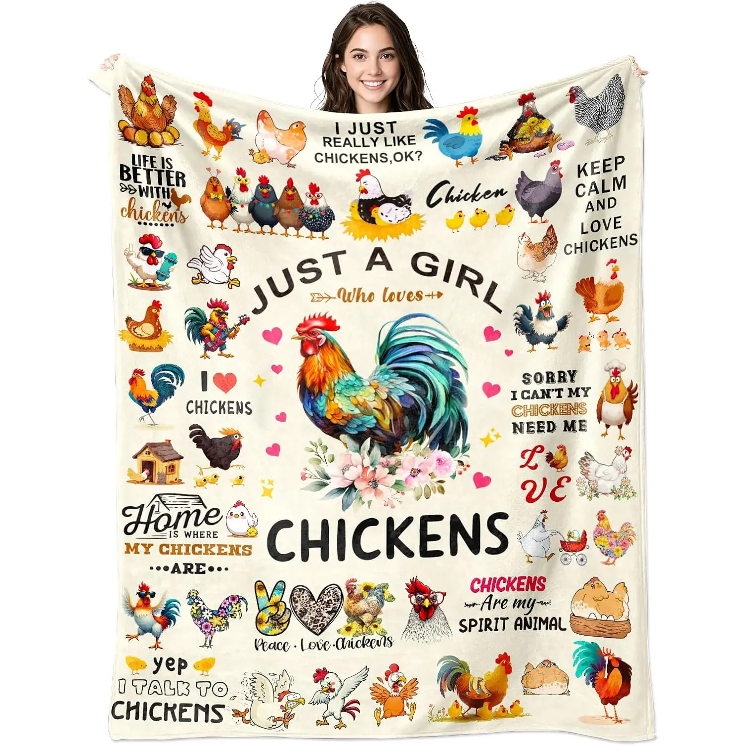 Chicken Blanket Gifts Lover Chicken Themed Gifts for Women Kids Adults Soft Flannel Rooster Throw Blanket 60"x50",Thanksgiving Christmas New Year Gift, Printed on One Side with a Plain White Back