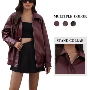 Casly Lamiit Women's Burgundy Faux Leather Jacket Long Sleeve Collared Zipper Oversized Biker Coat Trendy Travel Casual Outfits Basic Outerwear Womenswear Tops