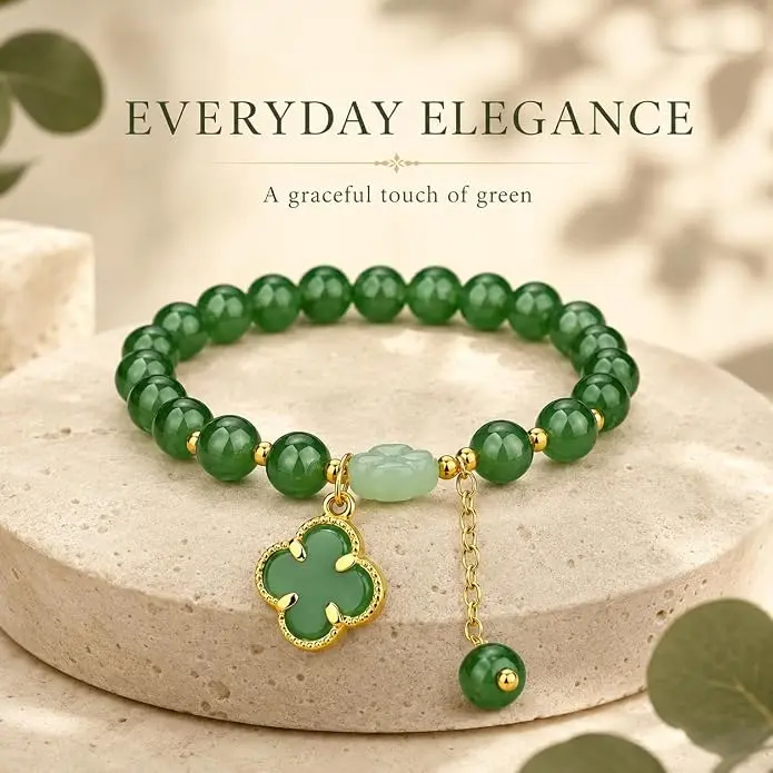 2Pcs Green Jade Four‑Leaf Clover Bracelets For Women, Elegant Gold‑Tone Lucky Clover Pendant Beaded Bracelet With Adjustable Size, Stylish Handmade Fashion Jewelry,Perfect Gift Idea For Best Friend,Family For Everyday Wear & Special Occasions#backtoschoo