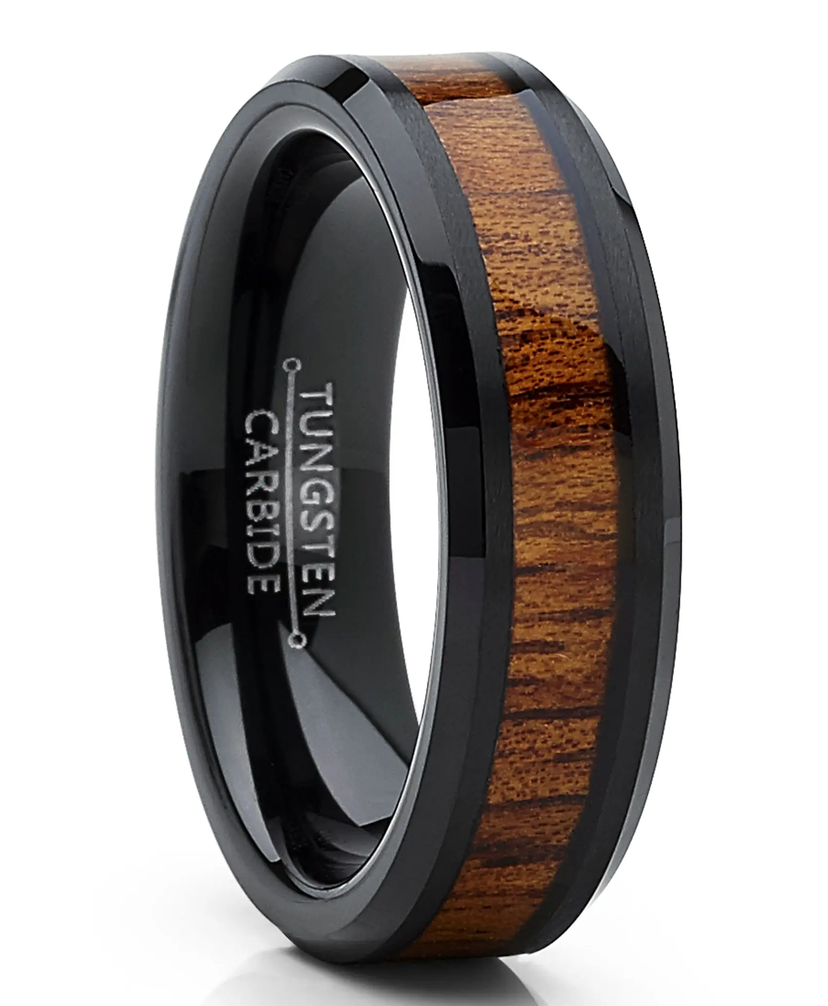 Koa Wood Inlay Tungsten Wedding Band Ring, 6MM, Brown and Black Artificial Gemstone Jewelry Accessory, Elegant Fashion Rings, Finger Jewelry
