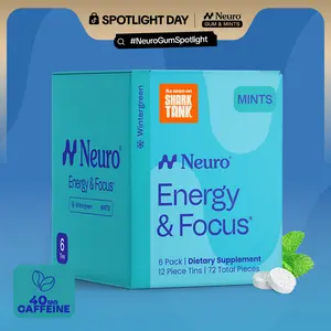 Neuro Energy Caffeine Mints (72 Pieces) - Sugar-Free Nootropic Mints for Energy & Focus with L-theanine, Natural Caffeine, Vitamin B12 & Vitamin B6 - Wintergreen Flavor