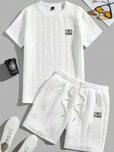Men's summer casual fashion round neck short-sleeved short pants set with braided texture andraised pattern,boyfriend gentleman style,bestchoice for holiday gifts SpringStatements
